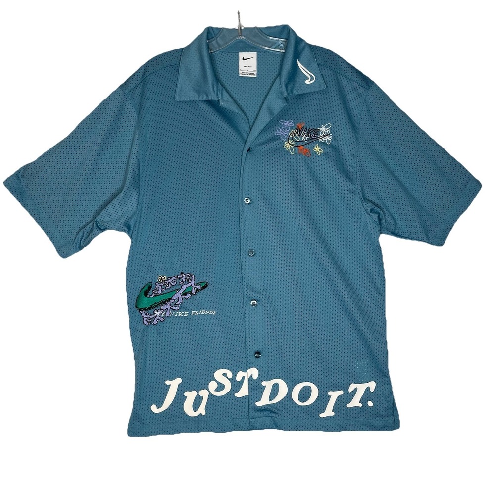 Nike Mesh Short Sleeve Button Up Blue Shirt Mens S Hawaiian Polo Resort Beach